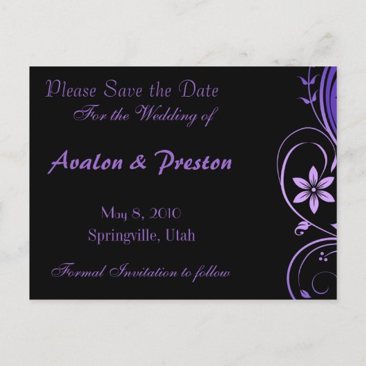 紫色の花のスクロール作業日付カードの保存 案内ポストカード (裏面)