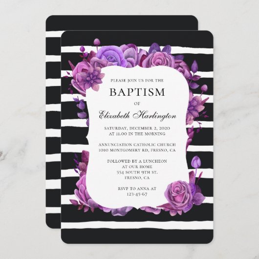 紫色の花のバプテスマの招待。白黒 招待状 (正面/裏面)