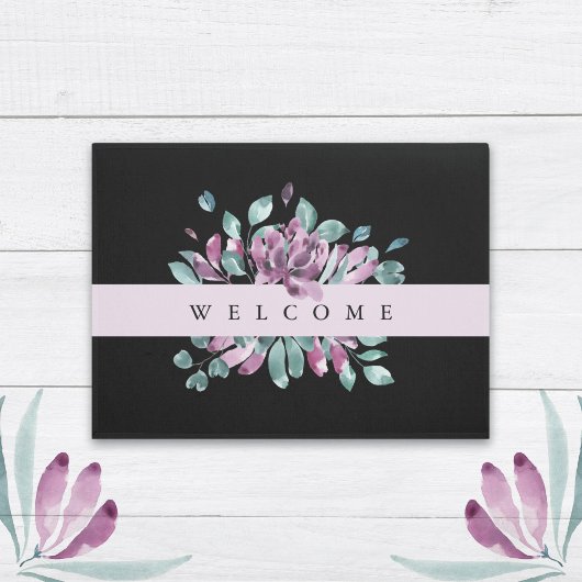 紫色の花のフローラへようこそ ドアマット