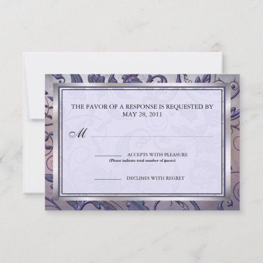 紫色の花のモノグラムの応答カード 出欠カード (裏面)