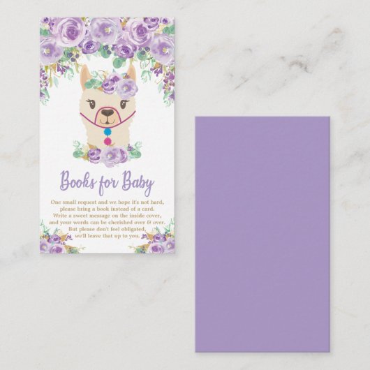 紫色の花のラマのベビーシャワーは本を持って来ます エンクロージャーカード (正面/裏面)