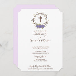 紫色の花のリースの十字の洗礼の《キリスト教》洗礼式や命名式 招待状