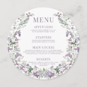 紫色の花のリースの結婚ラウンドのメニューカードプレート メニュー (正面)