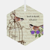 紫色の花のヴィンテージ鳥の日鳥を保存 ガラスオーナメント (裏面)