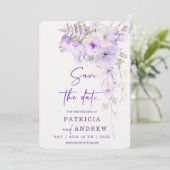 紫色の花の保存日付テンプレートDIY 招待状 (スタンド正面)