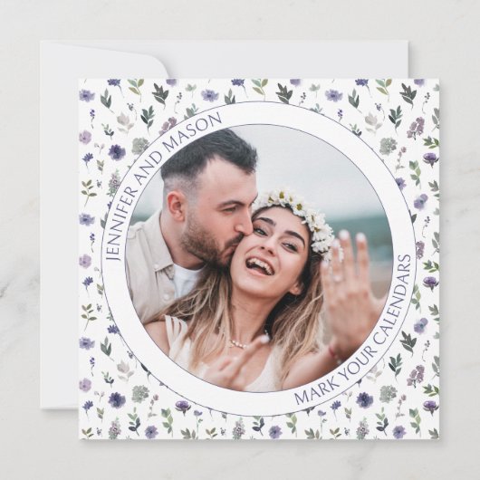 紫色の花の写真の招待状を保存 (裏面)