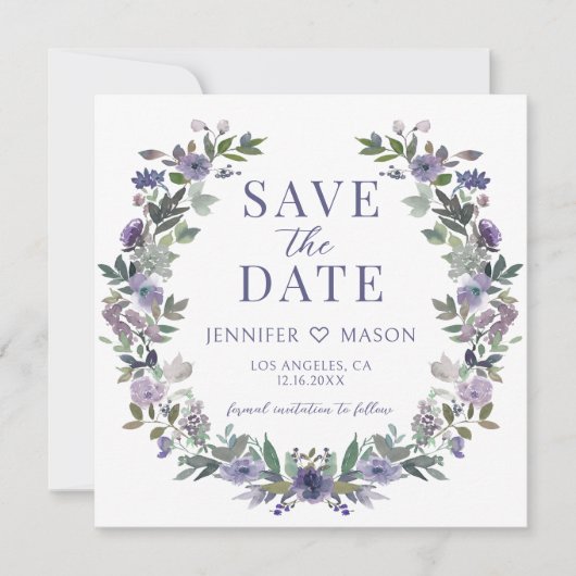 紫色の花の写真の招待状を保存 (正面)