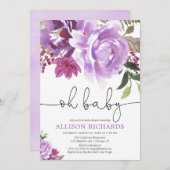 紫色の花の女の子のベビーシャワー、夏の春 招待状 (正面/裏面)