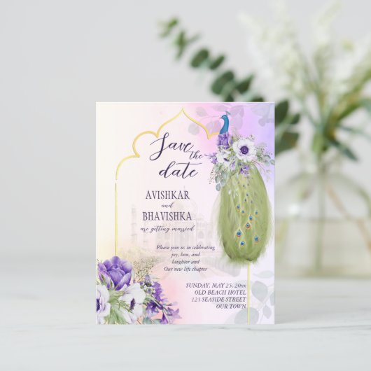 紫色の花の孔雀の予算は、日付を保存 (スタンド正面)