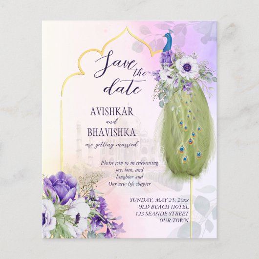 紫色の花の孔雀の予算は、日付を保存 (正面)