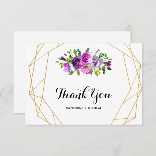 紫色の花の幾何学的な結婚式のサンキューカード サンキューカード (正面/裏面)