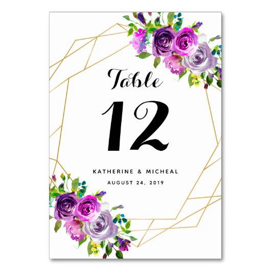 紫色の花の幾何学的な結婚式のテーブル数 テーブルナンバー (裏面)
