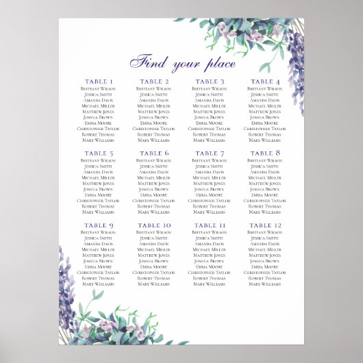 紫色の花の座席チャートプリント。ティール（緑がかった色）結婚の ポスター (正面)