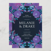 紫色の花の手絵を描の日付を保存 招待状 (正面/裏面)