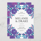 紫色の花の手絵を描の日付を保存 招待状 (正面/裏面)