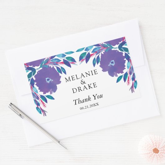紫色の花の手絵を描 長方形シール (封筒)