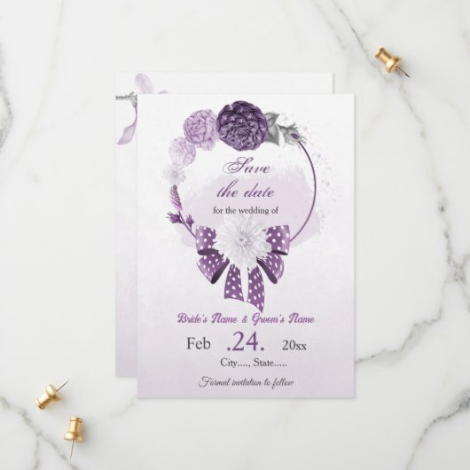 紫色の花の植物性結婚の セーブザデート (正面/裏面インサイチュ)