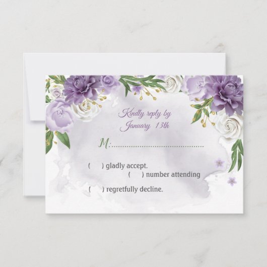 紫色の花の植物性RSVPカード 出欠カード (正面)