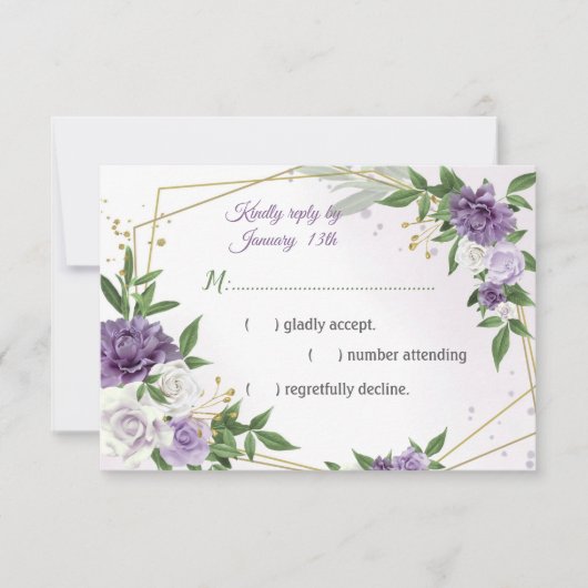 紫色の花の植物金ゴールド幾何学 出欠カード (正面)