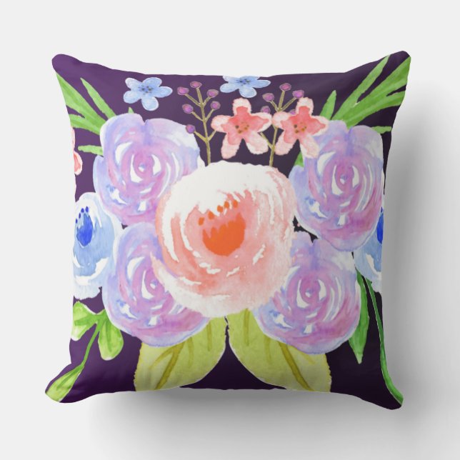 紫色の花の水彩画のかわいらしい花 アウトドアクッション (正面)