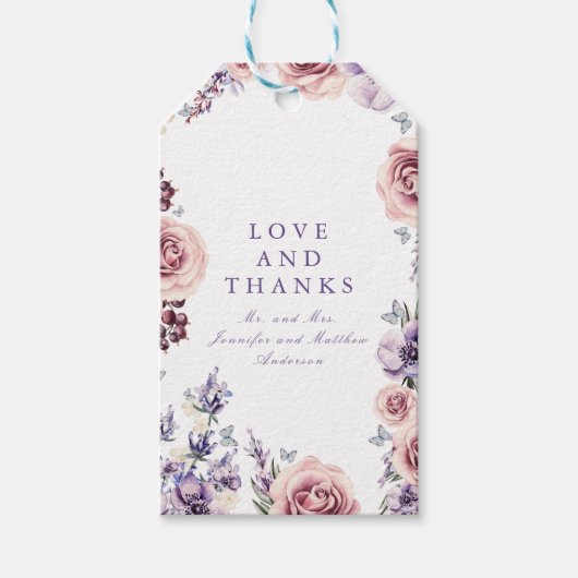 紫色の花の水色ギフトラベル ギフトタグ (正面)