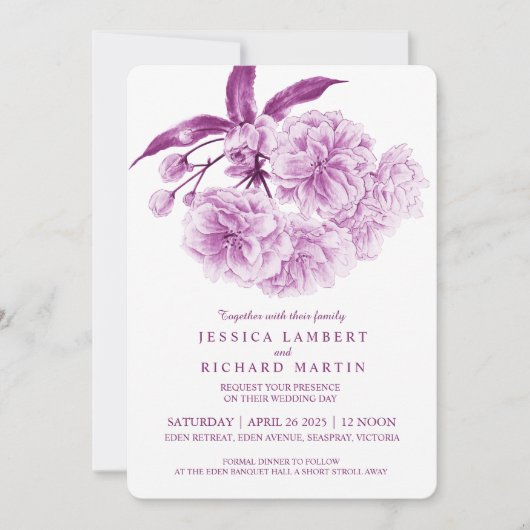 紫色の花の水色春フローラ結婚の 招待状 (正面)