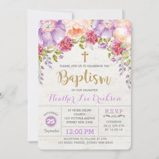 紫色の花の洗礼の招待状の女の子の《キリスト教》洗礼式や命名式 招待状 (正面)