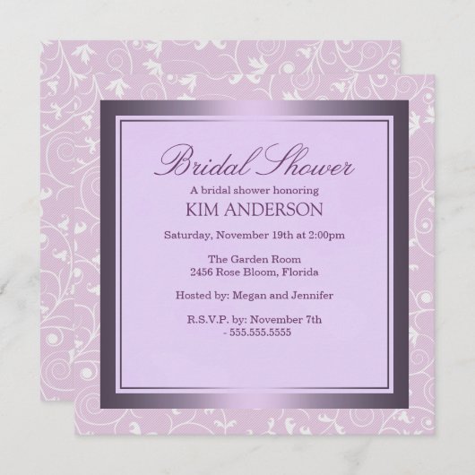 紫色の花の渦巻きブライダルシャワー招待 招待状 (正面/裏面)