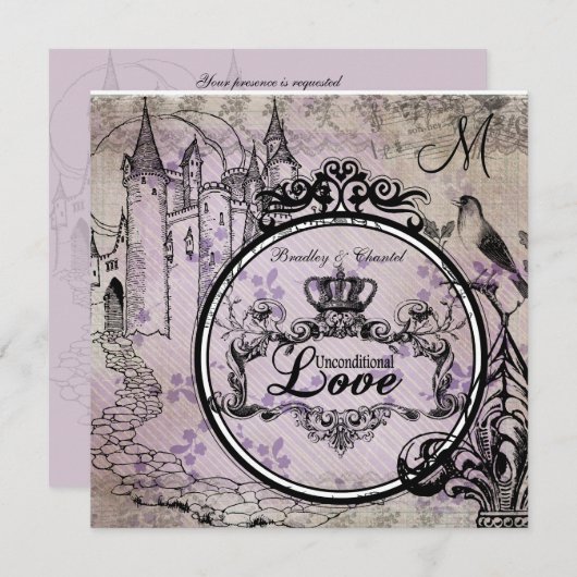 紫色の花の無条件愛結婚式の招待 招待状 (正面/裏面)