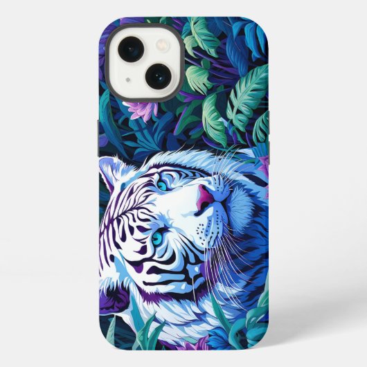 紫色の花の白い虎 iPhoneケース (裏面)