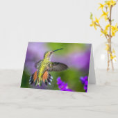 紫色の花の空白のな挨拶のハチドリ カード (黄色い花)