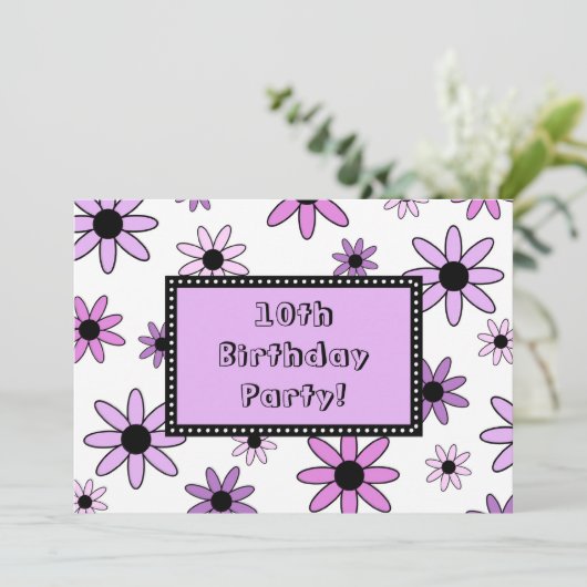 紫色の花の第10誕生日のパーティの招待状カード 招待状 (スタンド正面)