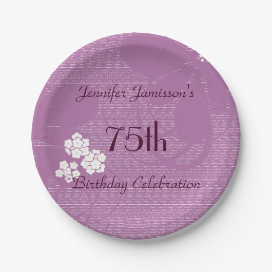 紫色の花の紙皿、第75誕生会 ペーパープレート (正面)