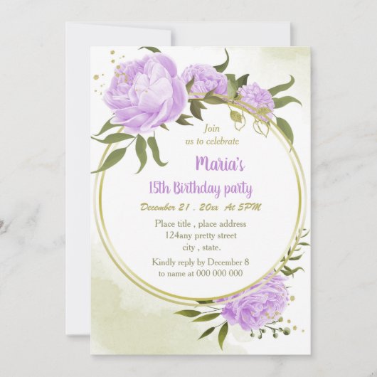 紫色の花の緑のリース誕生日パーティー 招待状 (正面)