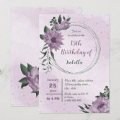 紫色の花の緑の植物誕生日 招待状 (正面/裏面)
