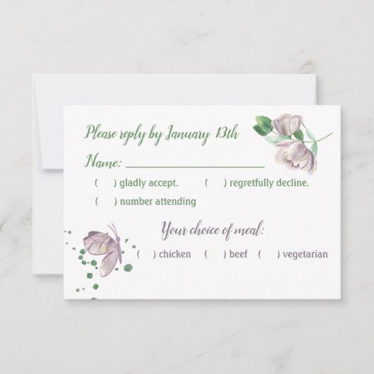 紫色の花の緑の葉蝶のrsvpカード 出欠カード (正面)