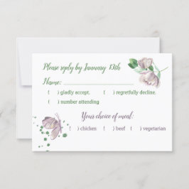 紫色の花の緑の葉蝶のrsvpカード 出欠カード