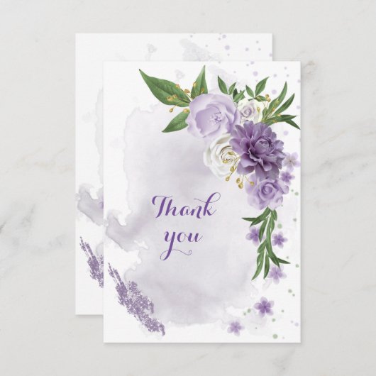 紫色の花の緑の金ゴールド サンキューカード (正面/裏面)