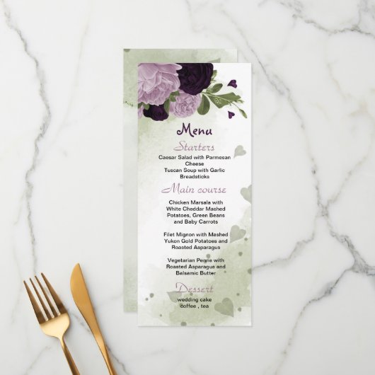 紫色の花の緑結婚のメニュー メニュー (正面/裏面インサイチュ)