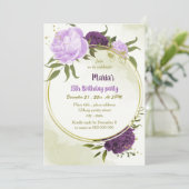紫色の花の緑葉の誕生日 招待状 (スタンド正面)