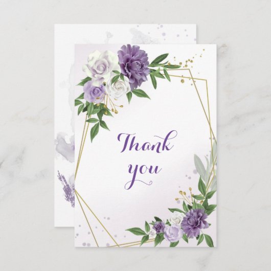 紫色の花の緑金ゴールド サンキューカード (正面/裏面)