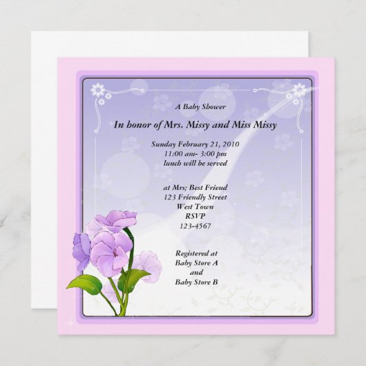 紫色の花の赤ちゃんシャワー 招待状 (正面/裏面)