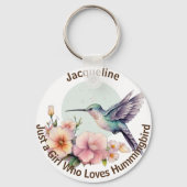 紫色の花の青いハミングバパーソナライズされたードネーム キーホルダー (裏面)