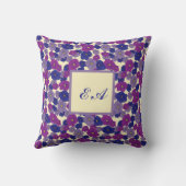 紫色の花の青い紫色の繰り返しパターンのモノグラム クッション (裏面)