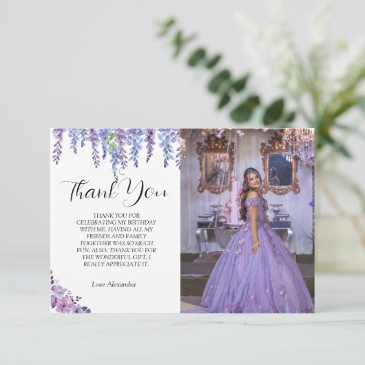 紫色の花のsweet sixteenの誕生日と写真 サンキューカード (スタンド正面)