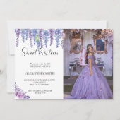紫色の花のsweet sixteenの誕生日と写真 招待状 (正面)