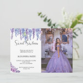 紫色の花のsweet sixteenの誕生日と写真 招待状 (スタンド正面)