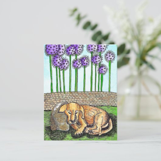 紫色の花はがき付き眠っている子犬 ポストカード (スタンド正面)