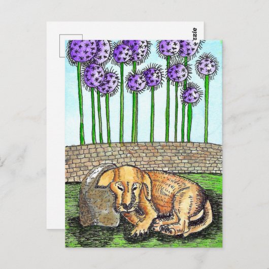 紫色の花はがき付き眠っている子犬 ポストカード (正面/裏面)