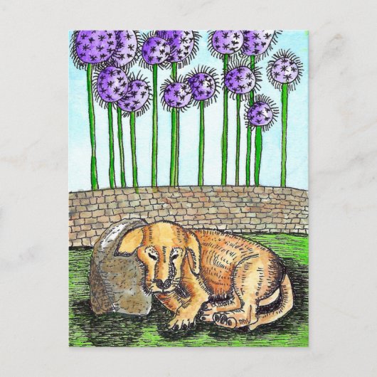 紫色の花はがき付き眠っている子犬 ポストカード (正面)